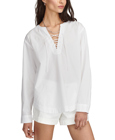 Shop Lucky Brand Cotton Lace-up Long-sleeve Boyfriend Shirt In Bright White