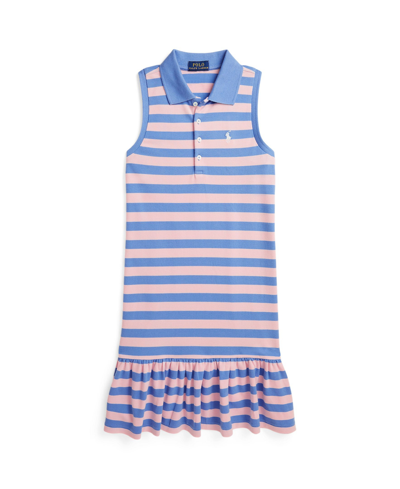 Shop Polo Ralph Lauren Big Girls Striped Stretch Mesh Polo Dress In Garden Pink,harbor Island Blue