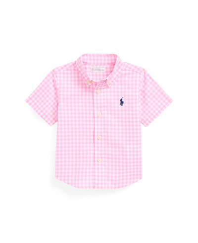 Shop Polo Ralph Lauren Baby Boys Gingham Cotton Short Sleeve Shirt In Pink,white
