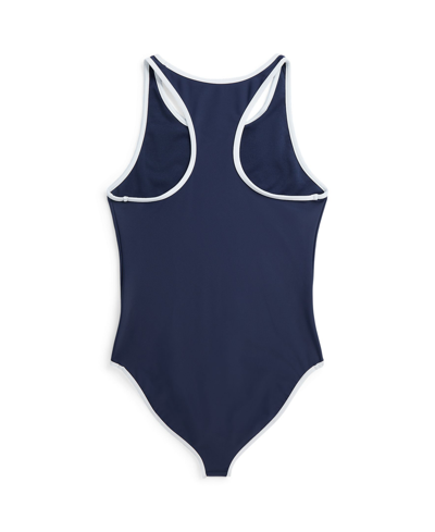 Shop Polo Ralph Lauren Big Girls Polo Bear Round Neck One-piece Swimsuit In Newport Navy With White
