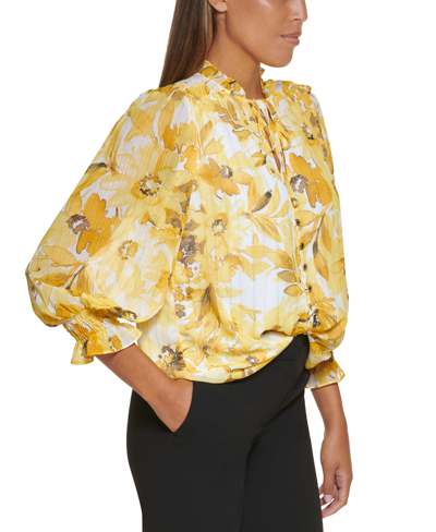 Shop Dkny Petite Floral-print Tie-neck Textured Blouse In Sunkiss Multi