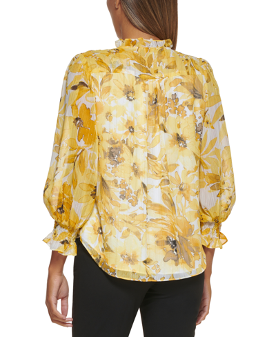 Shop Dkny Petite Floral-print Tie-neck Textured Blouse In Sunkiss Multi