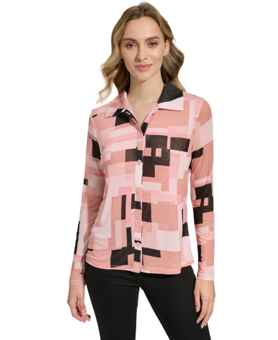 Shop Calvin Klein Women's Printed Mesh Button-front Shirt In Desert Rose,black