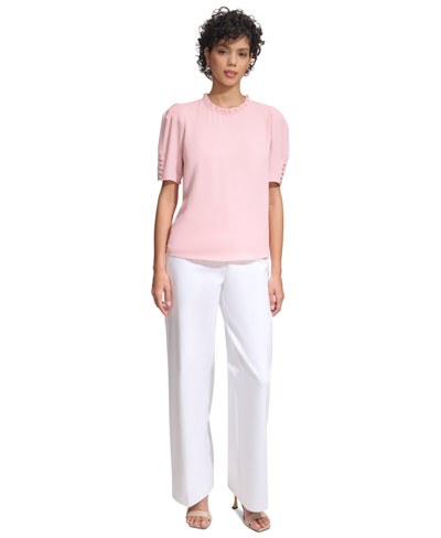 Shop Calvin Klein Petite Ruffled-neck Puffed-sleeve Blouse In Silver Pink