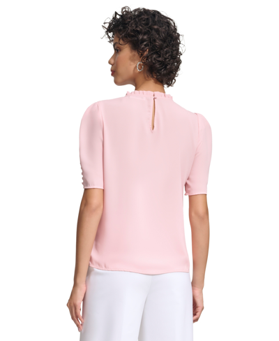 Shop Calvin Klein Petite Ruffled-neck Puffed-sleeve Blouse In Silver Pink