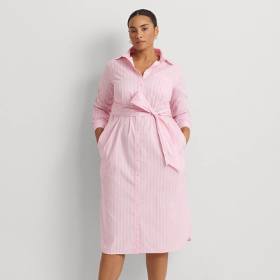 Shop Lauren Woman Striped Belted Broadcloth Shirtdress In Pink/white Multi