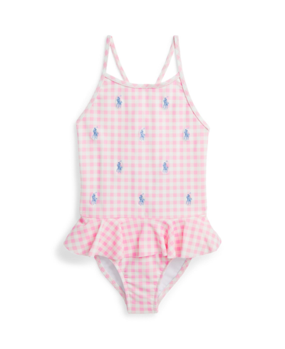 Shop Polo Ralph Lauren Toddler And Little Girls Polo Pony Ruffled Round Neck One-piece Swimsuit In Carmel Pink Gingham With Blue Hyacinth