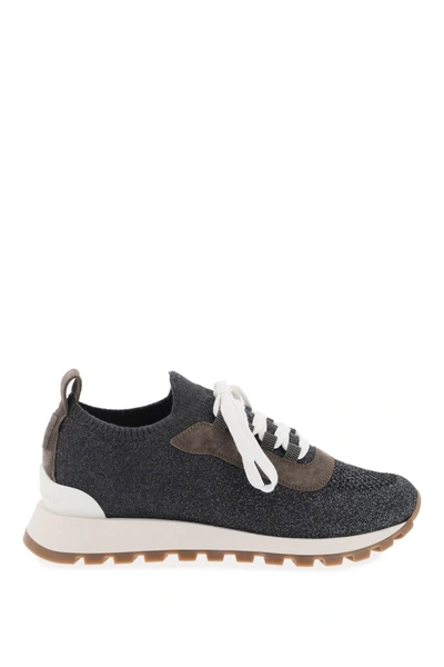 Shop Brunello Cucinelli Sparkling Knit Sneakers In Grey, Metallic