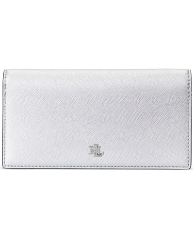 Shop Lauren Ralph Lauren Crosshatch Leather Slim Wallet In Polished Silver