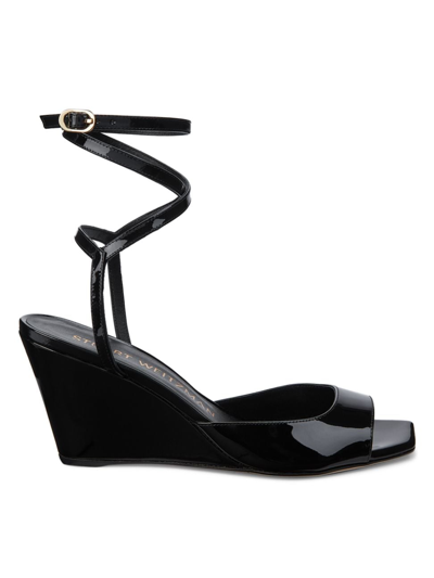 Shop Stuart Weitzman Women's Tia 83mm Patent Leather Wrap Wedge Sandals In Black