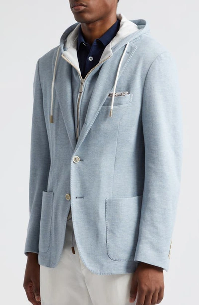 Shop Eleventy Cotton & Cashmere Twill Blazer With Removable Hooded Bib In Baby Blue