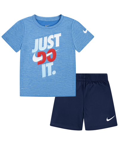 Shop Nike Little Boys Dropsets T-shirt And Shorts, 2 Piece Set In Midnight Navy
