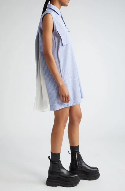Shop Sacai X Thomas Mason Stripe Sleeveless Mini Shirtdress In L/ Blue Stripe