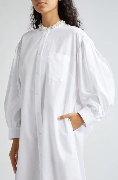 Shop Simone Rocha Bow Back Long Sleeve Cotton Poplin Midi Shirtdress In White/ Pearl