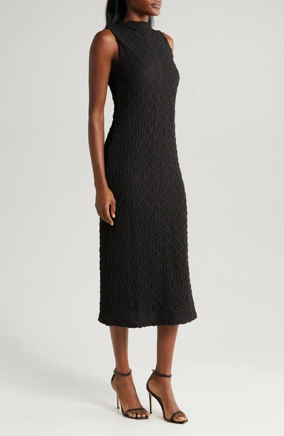 Shop Halogen (r) Puckered Cotton Blend Midi Dress In Rich Black