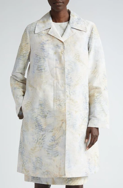 Shop Lafayette 148 Warped Fern Print Linen Blend Overcoat In Bluestone Multi