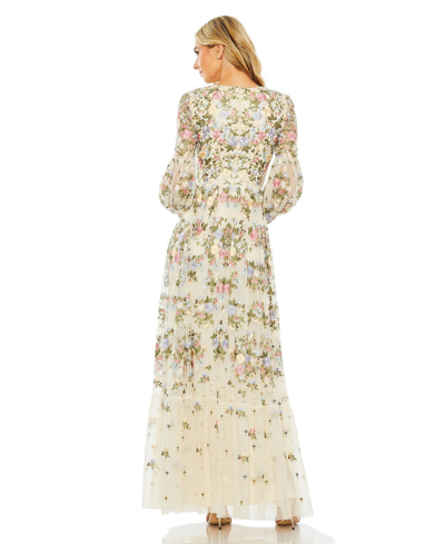 Shop Mac Duggal Women's High Neck Floral Embroidered Puff Sleeve Gown In Ivory
