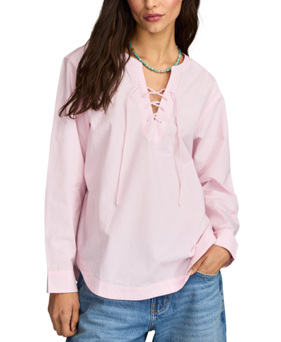 Shop Lucky Brand Cotton Lace-up Long-sleeve Boyfriend Shirt In Pink Stripe