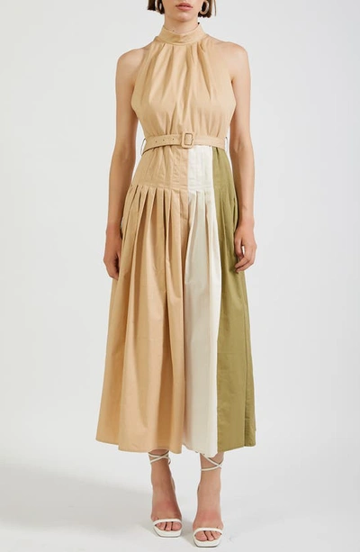 Shop En Saison Clara Colorblock Sleeveless Cotton Dress In Khaki Multi