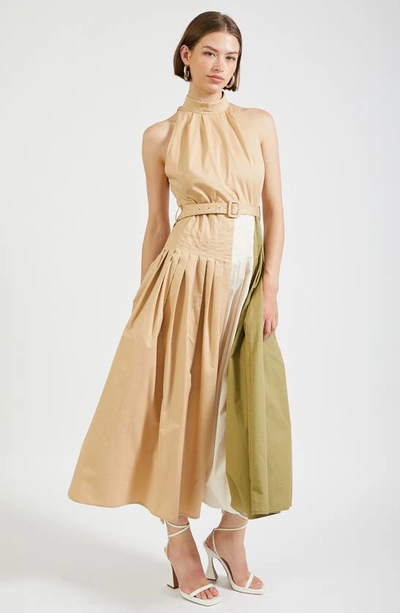 Shop En Saison Clara Colorblock Sleeveless Cotton Dress In Khaki Multi