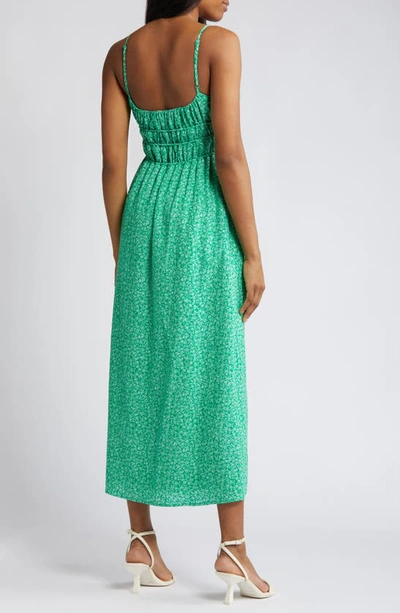 Shop Charles Henry Floral Print Shirred Linen Blend Midi Dress In Green Ditsy
