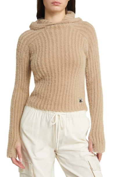 Shop Iets Frans Eyelash Rib Hooded Long Sleeve Sweater In Mink