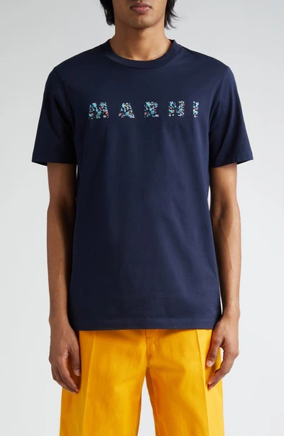 Shop Marni Cotton Logo Graphic T-shirt In Blue/ Black