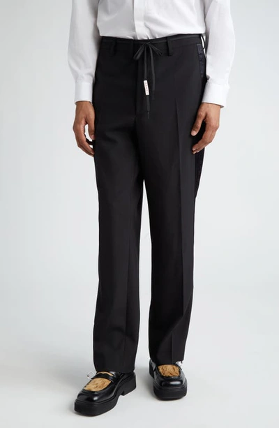 Shop Marni Satin Track Stripe Tropical Wool Straight Leg Trousers In Black