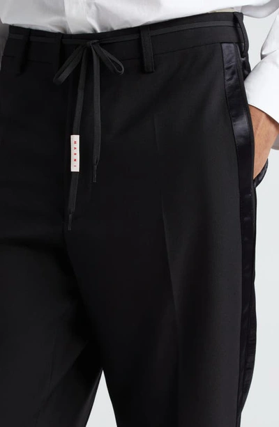 Shop Marni Satin Track Stripe Tropical Wool Straight Leg Trousers In Black