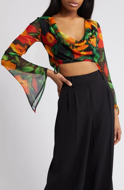 Shop Asos Design Floral Long Sleeve Chiffon Crop Top In Black Multi