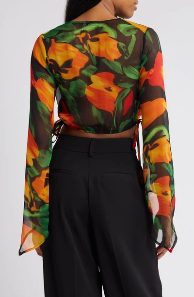 Shop Asos Design Floral Long Sleeve Chiffon Crop Top In Black Multi
