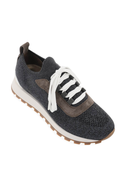 Shop Brunello Cucinelli Sparkling Knit Sneakers In Lignite (grey)