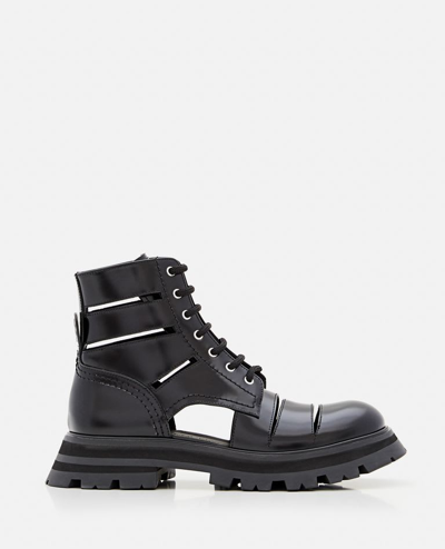 Shop Alexander Mcqueen 45mm Patent Leather Boots With Cutouts In Black
