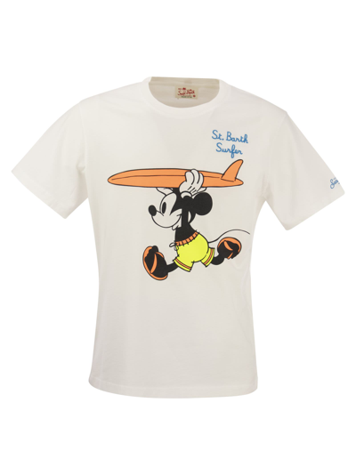Shop Mc2 Saint Barth Cotton T-shirt With Mickey M. Surfer Print In White
