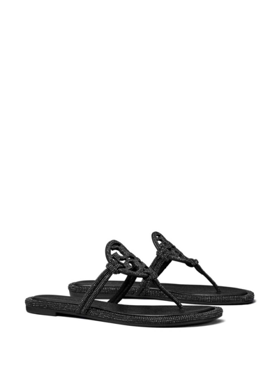 Shop Tory Burch Black Sandals With Logo Detail And All-over Rhinestone In Leather Woman