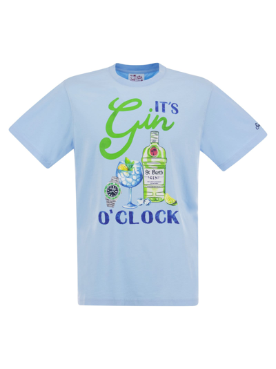 Shop Mc2 Saint Barth Cotton T-shirt With Gin O Clock Print In Light Blue