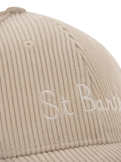 Shop Mc2 Saint Barth Corduroy Baseball Cap With Embroidery In Beige