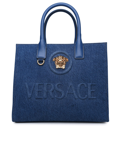 Shop Versace Small La Medusa Blue Cotton Shopper