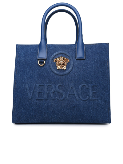 Versace La Medusa Denim Tote Bag In Blue