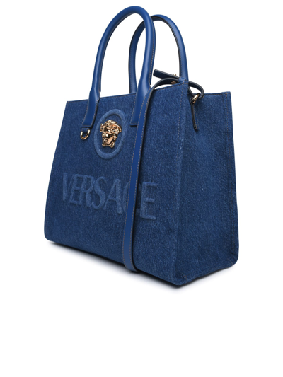 Versace La Medusa Denim Tote Bag In Blue