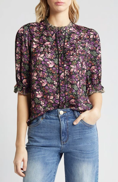 Shop Wit & Wisdom Print Ruffle Eyelet Shirt In Sunset Purple