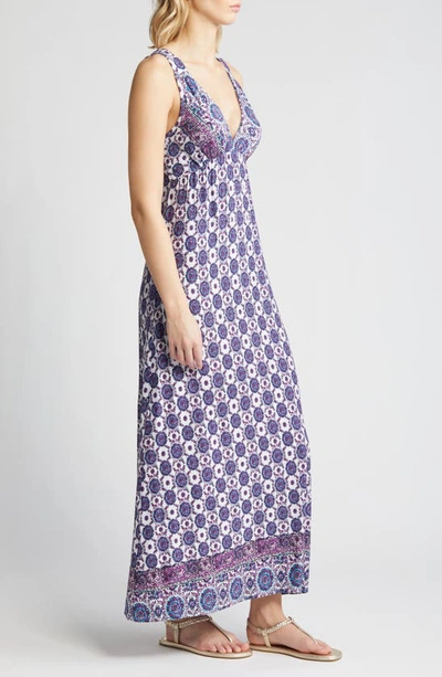 Shop Loveappella Border Print Sleeveless Jersey Maxi Dress In Violet