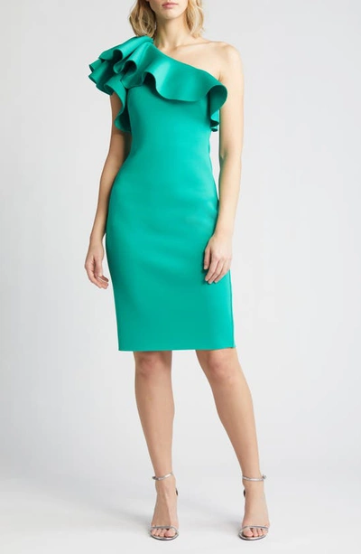 Shop Eliza J One-shoulder Ruffle Neck Midi Dress In Green