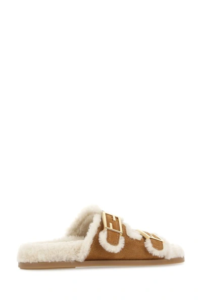 Shop Fendi Woman Caramel Suede  Feel Slippers In Brown