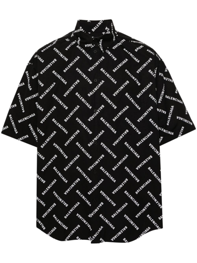 Shop Balenciaga Black Logo-print Cotton Shirt