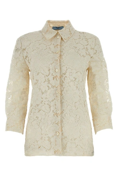 Shop Prada Woman Ivory Lace Shirt In White
