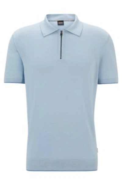 Shop Hugo Boss Zip-neck Polo Sweater In A Linen Blend In Light Blue