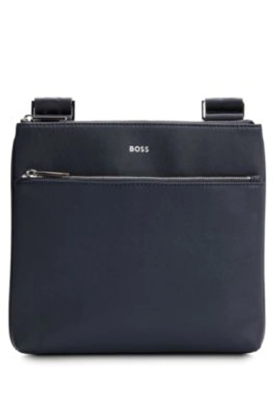 Shop Hugo Boss Structured-leather Envelope Bag With Logo Detail In Dark Blue