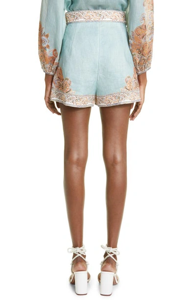 Shop Zimmermann Devi Paisley Detail Belted Linen Shorts In Mint Paisley