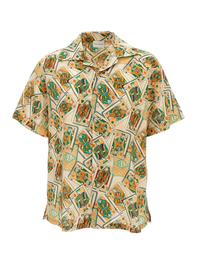 Shop Drôle De Monsieur Multicolor Bowling Shirt With Jeu De Cartes Print In Linen And Cotton Man